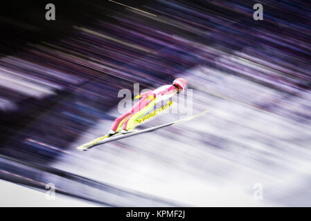 Nordic combined ski jumper flying through the air during practice at the 2017 FIS World Nordic Ski Championships, Lahti, Finland. Stock Photo