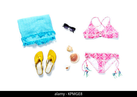 flatlay top travel holiday bikini pink Stock Photo