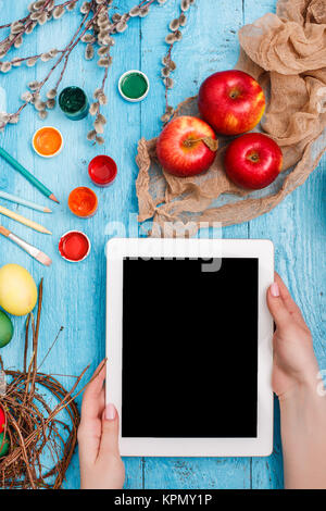 The top view of easter on wooden table office workplace Stock Photo