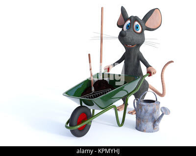 Smiling cartoon mouse ready for gardening. Stock Photo