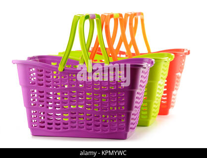 Three empty plastic shopping baskets isolated on white Stock Photo