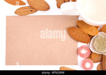 background biscuits, waffles, fruit jelly isolated on white background with space for text on the envelope Stock Photo