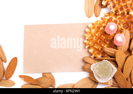 background biscuits, waffles, fruit jelly isolated on white background with space for text on the envelope Stock Photo