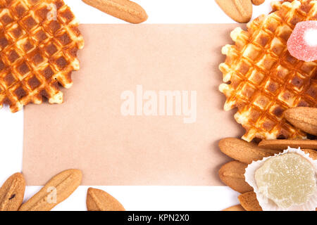 background biscuits, waffles, fruit jelly isolated on white background with space for text on the envelope Stock Photo