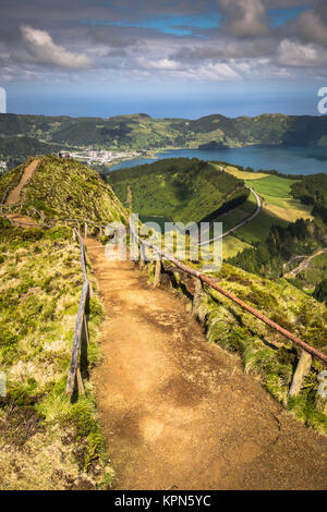 walking path leading to a view on the lakes of sete cidades,azores,portugal