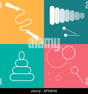 Toys icons set. White line art on colorful background Stock Photo