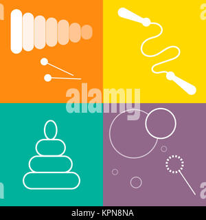 Toys icons set. White line art on colorful background. Stock Photo