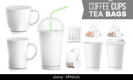 Disposable Paper Cups And Tea Bags Set Vector. Plastic And Ceramic. Take-out Soft Drinks Cup Template. Open And Closed Paper Cup Blank. Realistic Isolated Vector Illustration. Stock Vector