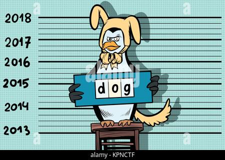 2018 new year, funny penguin pretended to be the yellow earth dog. Criminal photos. Prison and arrest. Comic book cartoon pop art retro vector illustr Stock Vector