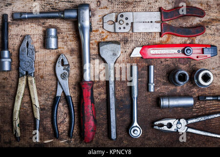 Tools on wooden plank Stock Photo