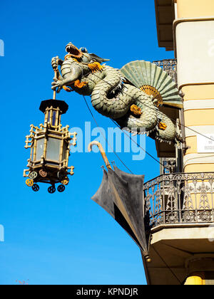 Chinese dragon on 19th century House of Umbrellas (Casa Bruno Cuadros) building on La Rambla in Barcelona - Catalonia, Spain Stock Photo
