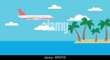Cartoon vector illustration of a tropical island with palm trees and a large plane flying between clouds on a blue sky - suitable for advertising Stock Vector