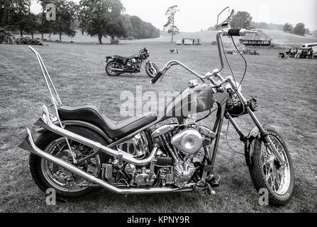 Chopper, customised motorcycle. Scenes from the Harley Davidson rally in the grounds of Littlecote House, Berkshire, England ion 30th September 1989. The rally was hosted by Peter de Savary who owned the house at that time. Stock Photo