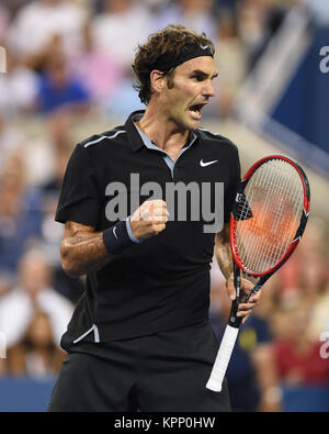 FLUSHING NY- SEPTEMBER 04: Roger Federer defeats Gael Monfils Day ten of the 2014 US Open at the USTA Billie Jean King National Tennis Center on September 3, 2014 in the Flushing neighborhood of the Queens borough of New York City   People:  Roger Federer Stock Photo