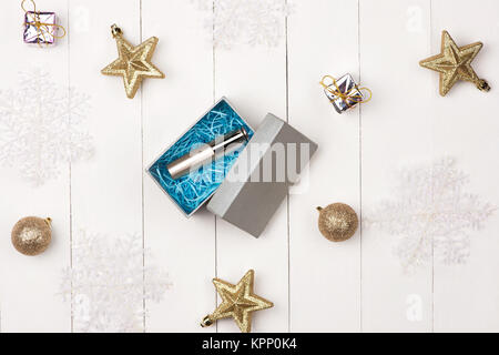 Cosmetics top view composition. Christmas. New Year flat lay frame. Stock Photo