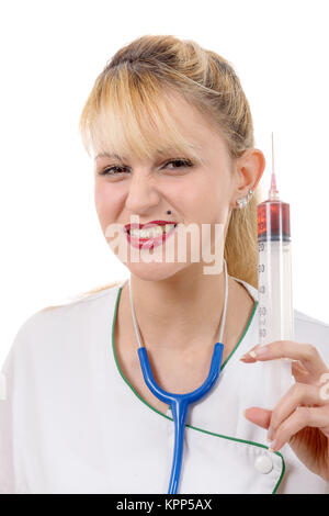 Angry crazy blond doctor with a syringe Stock Photo