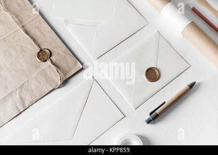Blank craft stationery set on white paper background. Template for placing your design. For graphic designers presentations and portfolios. Stock Photo