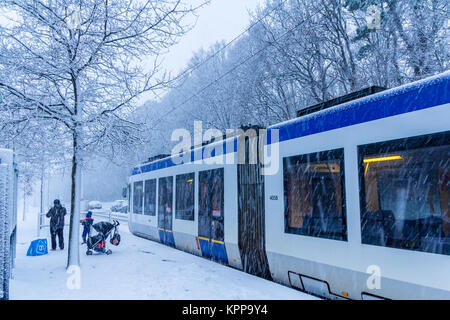 The Hague, the Netherlands - December 11, 2017: snow covered tram at Loosduinen, The Hague Stock Photo