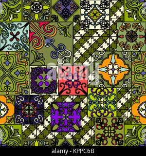 Seamless pattern with portuguese tiles in talavera style. Azulejo, moroccan, mexican ornaments Stock Vector