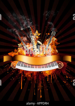 Party Poster With Solo and Bass Guitars, Saxophone and Piano in Fire Flame Stock Photo