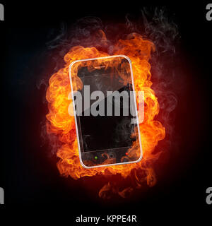 Smartphone in fire Isolated on Black Background. Stock Photo