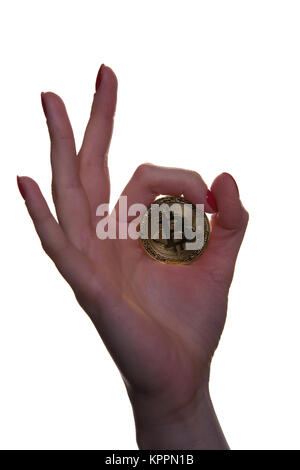Bitcoin in a beautiful woman's hand. On a white background. Stock Photo