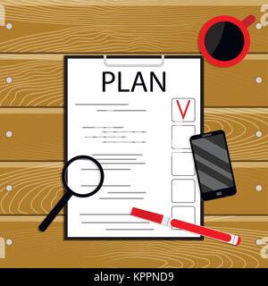 Plan and organization. Management checklist task, work table wooden, vector illustration Stock Vector