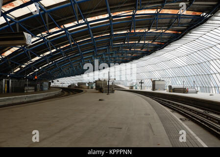 The train platform in the abandoned Waterloo Eurostar station in London, United Kingdom Stock Photo