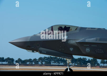 A U.S. Air Force F-35A Lightning II assigned to Hill Air Force Base, Utah taxis at Kunsan Air Base, Republic of Korea, Nov. 27, 2017. The F-35As deployed to Kadena AB, Japan, in October as a part of U.S. Pacific Command’s Theater Security Package program. The ability to “Accept Follow-on Forces” is one of the primary mission sets of the 8th Fighter Wing at Kunsan, and enabled the wing’s ability to carry out its “Take the Fight North” mission. (U.S. Air Force Stock Photo