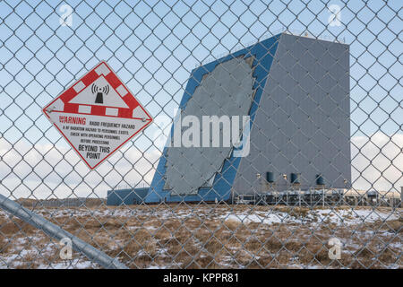 The COBRA DANE radar is a single faced ground-based, L-band phased-array radar  located at Eareckson Air Station, Shemya, Alaska. The primary mission of COBRA DANE is to collect radar metric and signature data on foreign ballistic missile events. Additional missions include collecting space surveillance data on new foreign launches and satellites in low-earth orbit. The radar has a 95-foot diameter phased array and the capability to track and record data on as many as 120 objects simultaneously. Stock Photo