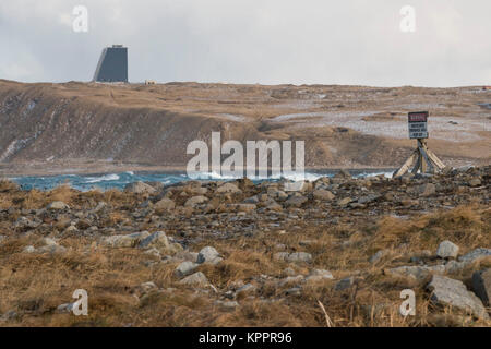 The COBRA DANE radar is a single faced ground-based, L-band phased-array radar  located at Eareckson Air Station, Shemya, Alaska. The primary mission of COBRA DANE is to collect radar metric and signature data on foreign ballistic missile events. Additional missions include collecting space surveillance data on new foreign launches and satellites in low-earth orbit. The radar has a 95-foot diameter phased array and the capability to track and record data on as many as 120 objects simultaneously. Stock Photo