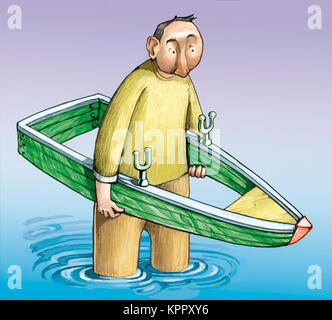 a poor man wants to cross the sea on a boat that is without the bottom, he looks sad and surprised at the water Stock Photo