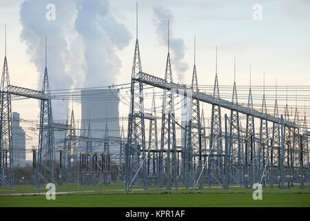 Europe, Germany, high voltage switchgear in front of the brown coal power station Niederaussem near Bergheim.  Europa, Deutschland, Schaltwerk vor dem Stock Photo