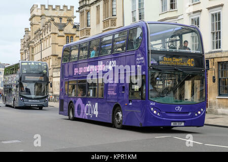 Double Decker Bus with Free 4G Wifi on the High Street Oxford, Oxfordshire, England Stock Photo