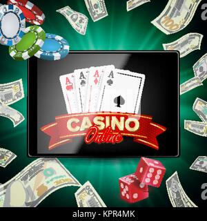 Online Casino Poster Vector. Modern Mobile Tablet Concept. Jackpot Advertising Concept Illustration. Stock Vector