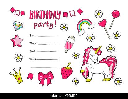 Cute vector girl's birthday party invitation with styickers. Stock Vector