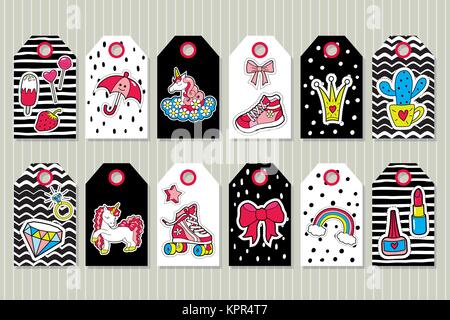 Set of girl's tags with cute stickers. Vector patches Stock Vector