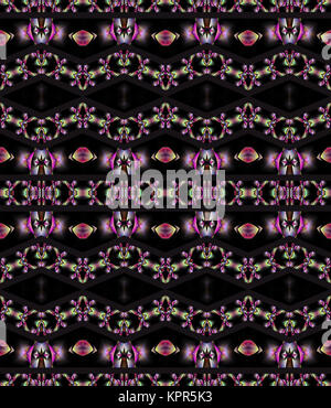 Abstract geometric seamless background. Dark brown diamond pattern with various elements in pink, violet, gray and lime green. Stock Photo