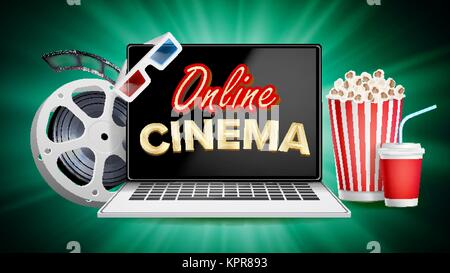 Online Cinema Poster Vector. Modern Laptop Concept. Home Online Cinema. Package Full Of Jumping Popcorn. Luxury Banner, Poster Illustration. Stock Vector