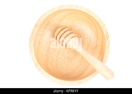 Wooden bowl and dipper on white background Stock Photo