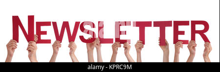Many Caucasian People And Hands Holding Red Straight Letters Or Characters Building The Isolated English Word Newsletter On White Background Stock Photo