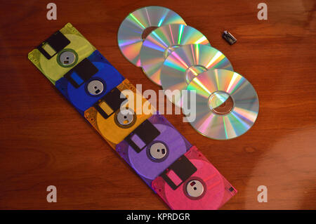 Floppy disks, CDs, and a flash drive Stock Photo