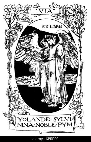 Angels reading, bookplate design by artist and designer Robert Anning Bell from 1894 Volume 4 of The Studio Magazine Stock Photo