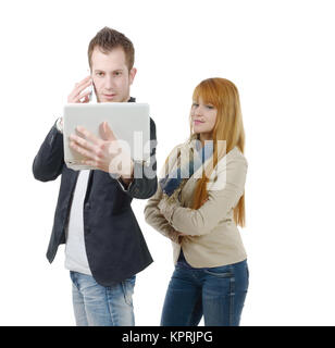 two  business people working together with a laptop and phone, on white Stock Photo