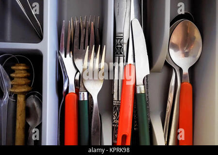Kitchen cutlery in the kitchen drawer Stock Photo