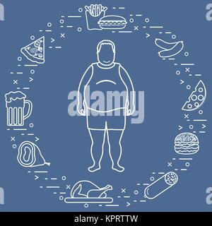 Fat man with unhealthy lifestyle symbols around him. Harmful eating habits. Design for banner and print. Stock Vector