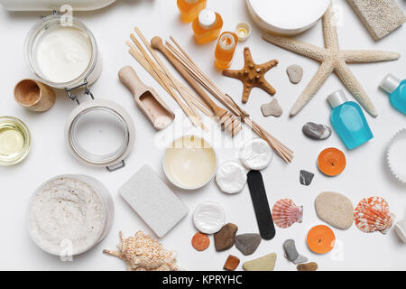 Many various spa and beauty threatment products. Resort therapy still life. Flat lay. Stock Photo