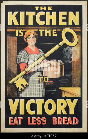 The kitchen is the key to victory. Eat less bread. Poster from 1914-1918 by an unknown American illustrator on display at the poster exhibition in the South Bohemian Gallery (Alšova jihočeská galerie) in Hluboká nad Vltavou in South Bohemia, Czech Republic. The exhibition devoted to the posters of the time of the First World War runs till 1 October 2017. Stock Photo