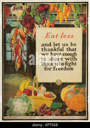 Eat less and let us be thankful that we have enough to share with those who fight for freedom. Poster by American illustrator Alice Hendee from 1914-1918 on display at the poster exhibition in the South Bohemian Gallery (Alšova jihočeská galerie) in Hluboká nad Vltavou in South Bohemia, Czech Republic. The exhibition devoted to the posters of the time of the First World War runs till 1 October 2017. Stock Photo