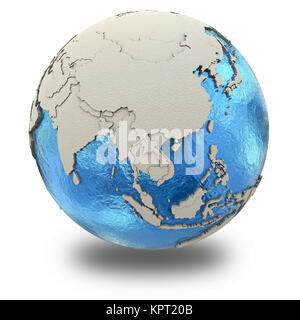Southeast Asia on 3D model of planet Earth with black oily oceans and ...